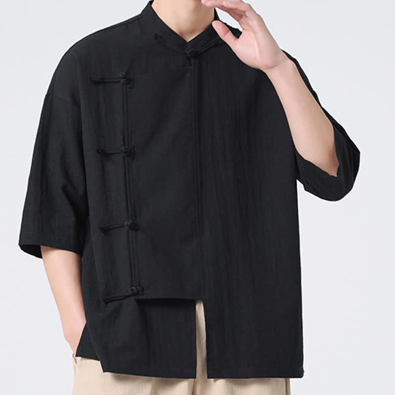 Nimara Ritual Summer Tang Style Mandarin Collar Frog Button Solid Short Sleeve Men's Shirts