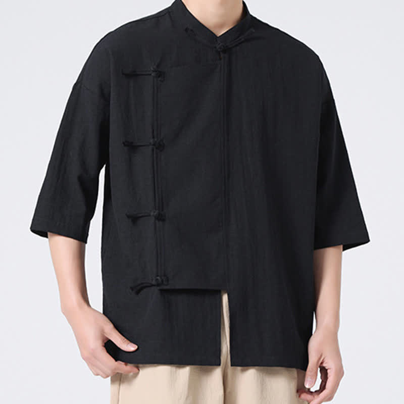 Nimara Ritual Summer Tang Style Mandarin Collar Frog Button Solid Short Sleeve Men's Shirts