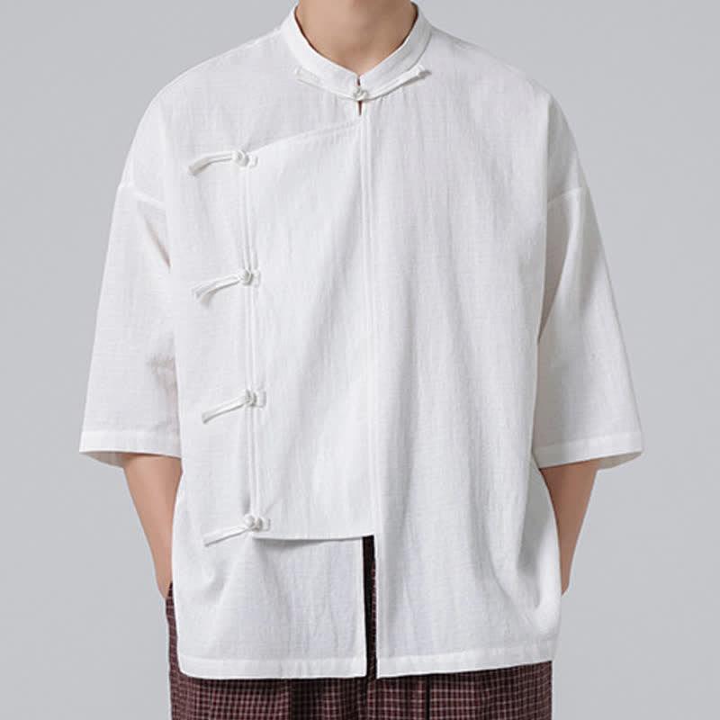 Nimara Ritual Summer Tang Style Mandarin Collar Frog Button Solid Short Sleeve Men's Shirts