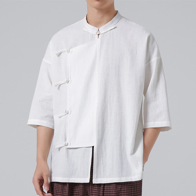 Nimara Ritual Summer Tang Style Mandarin Collar Frog Button Solid Short Sleeve Men's Shirts