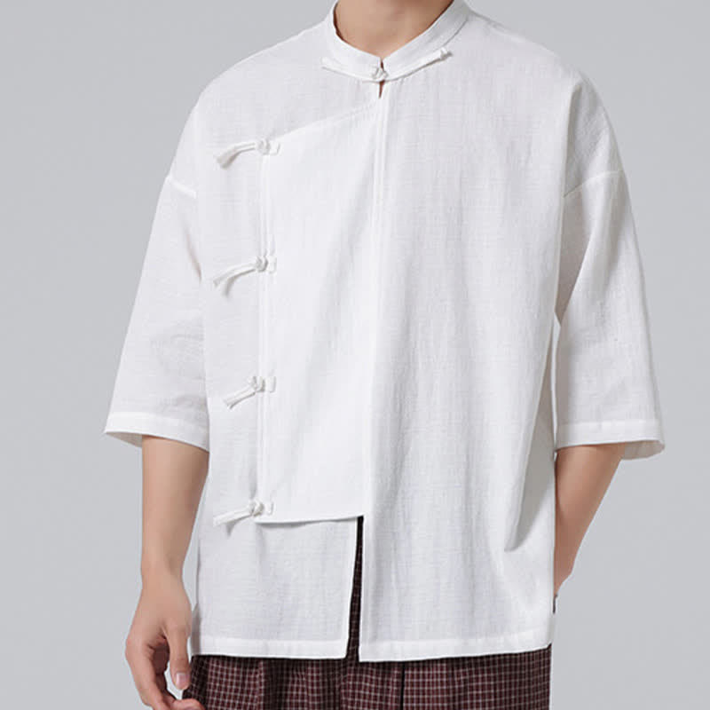 Nimara Ritual Summer Tang Style Mandarin Collar Frog Button Solid Short Sleeve Men's Shirts