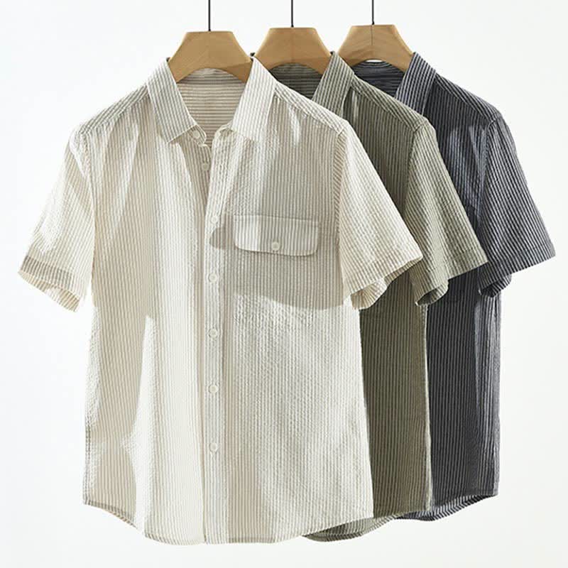 Nimara Ritual Summer Casual Button-Up Striped Cotton Men's Short Sleeve Shirts With Decorative Pocket