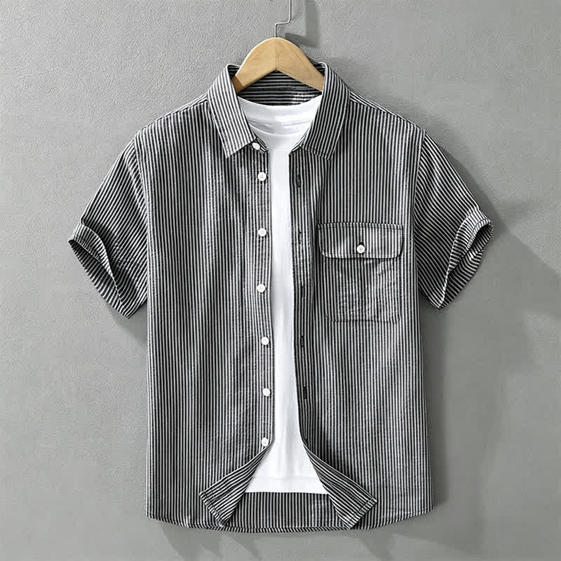 Nimara Ritual Summer Casual Button-Up Striped Cotton Men's Short Sleeve Shirts With Decorative Pocket