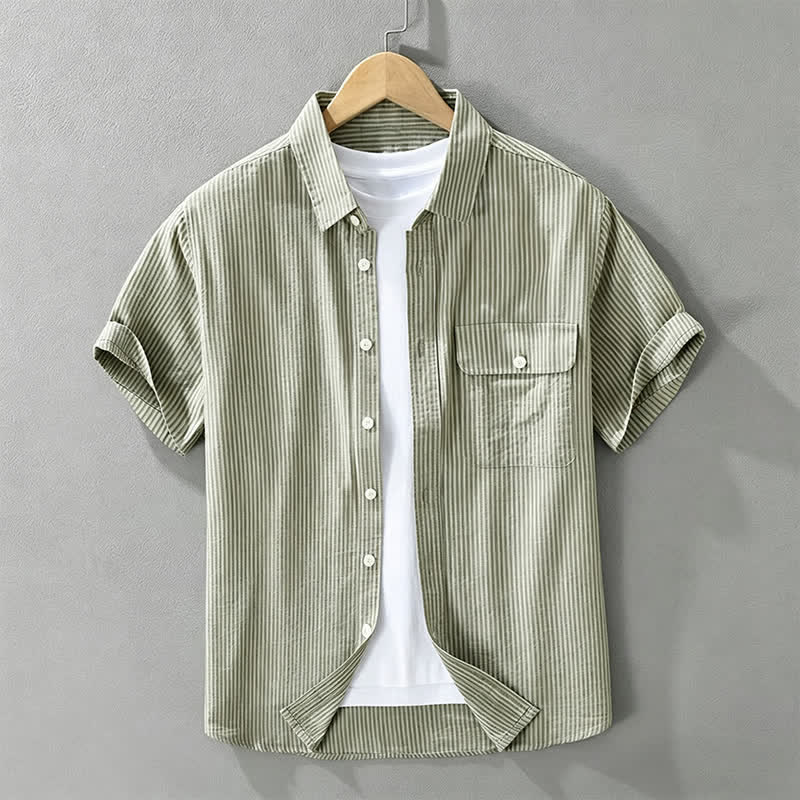 Nimara Ritual Summer Casual Button-Up Striped Cotton Men's Short Sleeve Shirts With Decorative Pocket