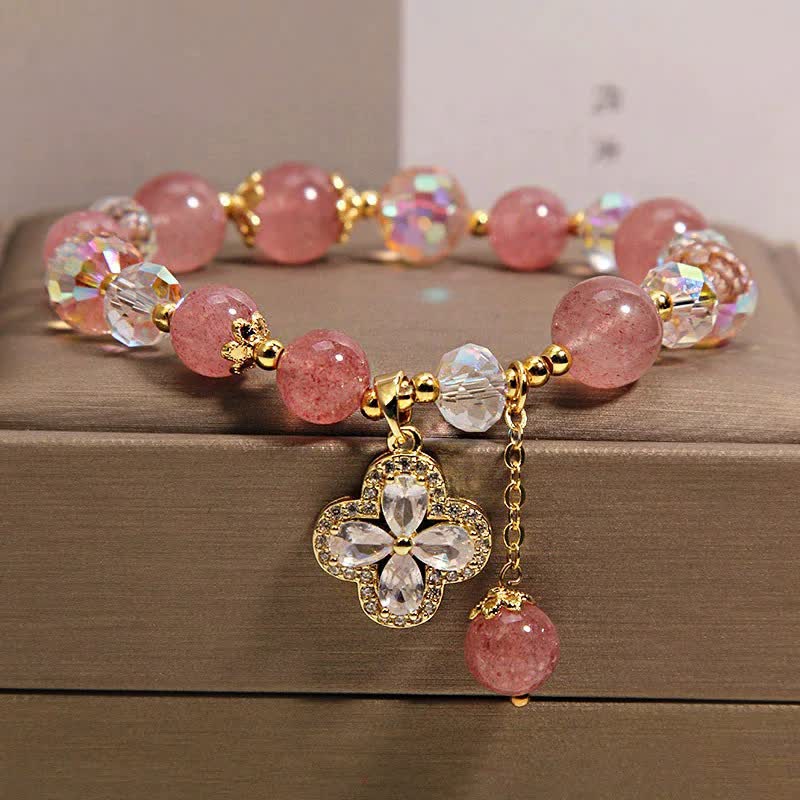 Love and Healing Strawberry Quartz Clover Beaded Tassel Bracelet