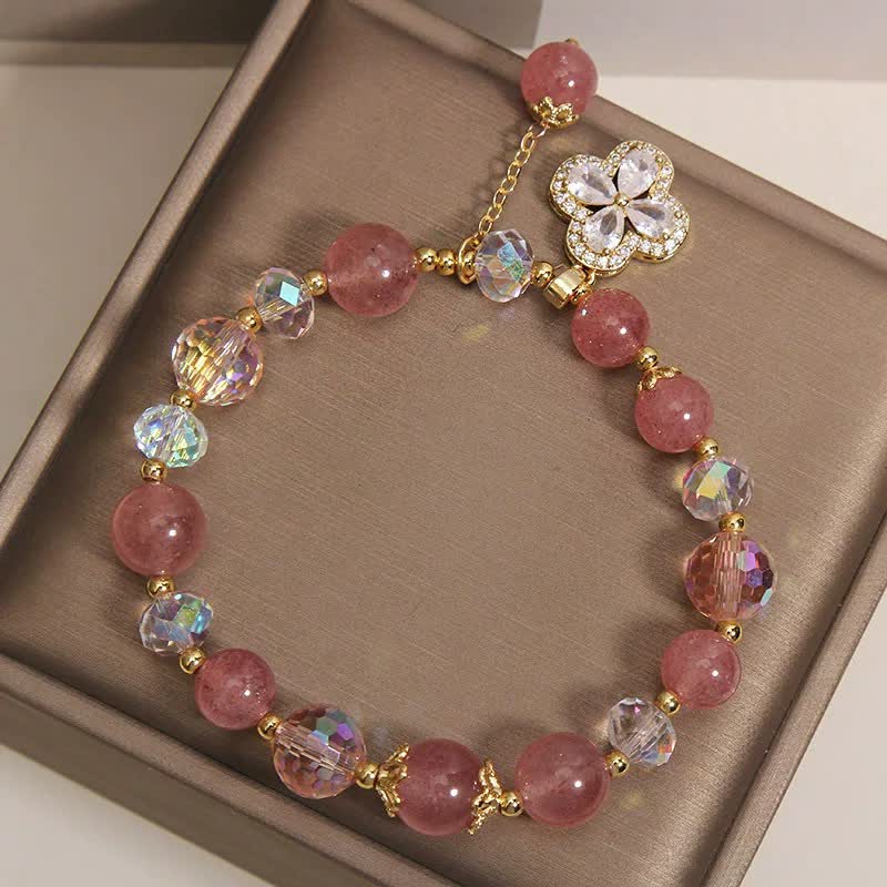 Nimara Ritual Strawberry Quartz Clover Love Beaded Tassel Bracelet