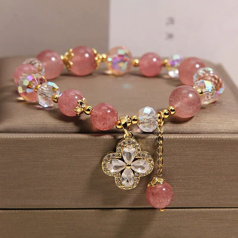 Love and Healing Strawberry Quartz Clover Beaded Tassel Bracelet