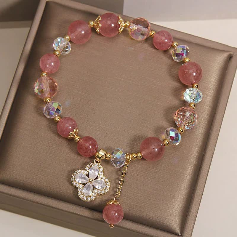 Love and Healing Strawberry Quartz Clover Beaded Tassel Bracelet