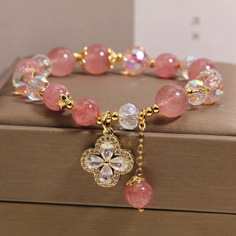 Love and Healing Strawberry Quartz Clover Beaded Tassel Bracelet