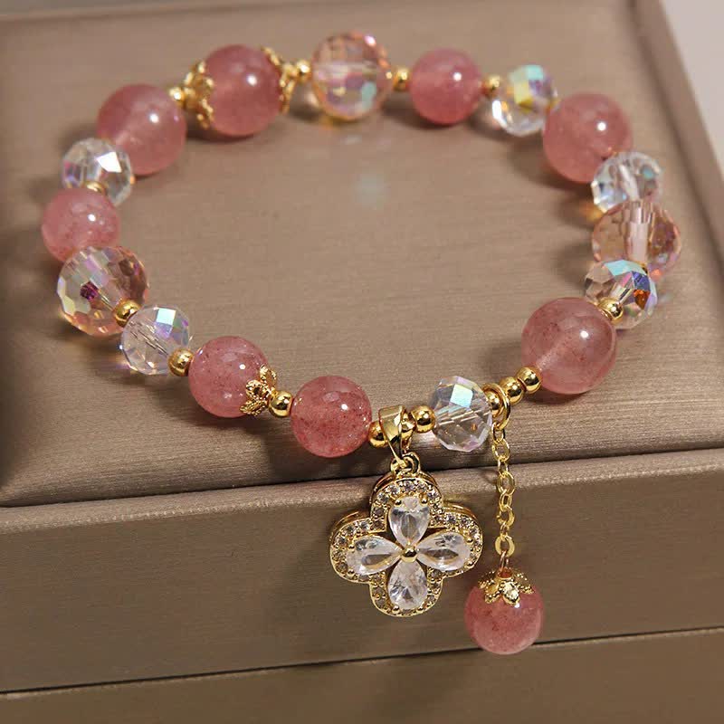 Nimara Ritual Strawberry Quartz Clover Love Beaded Tassel Bracelet