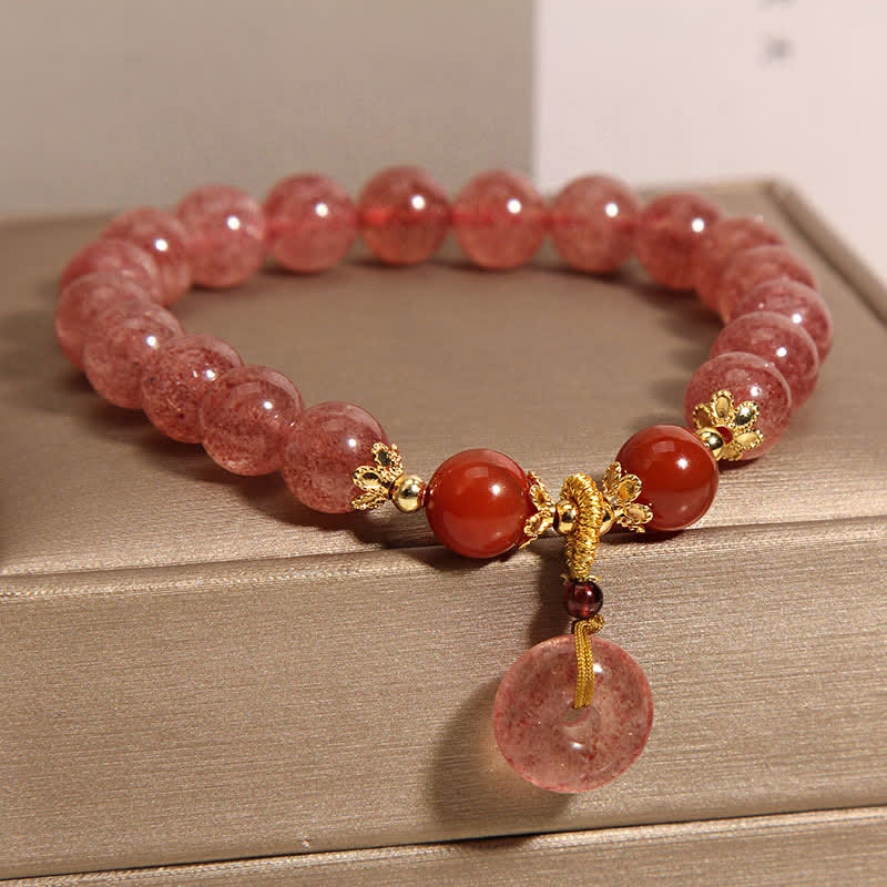 Nimara Ritual Strawberry Quartz Peace Buckle Love Round Beaded Bracelet