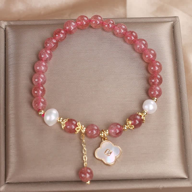 Nimara Ritual Strawberry Quartz Pearl Shell Four-Leaf Clover Love Round Bead Bracelet