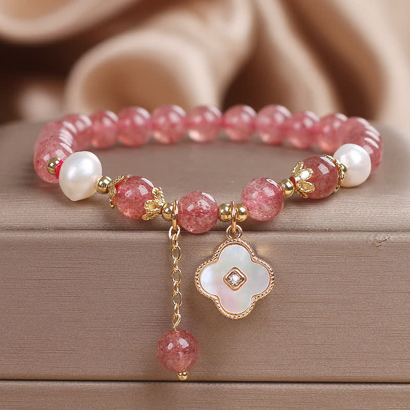 Nimara Ritual Strawberry Quartz Pearl Shell Four-Leaf Clover Love Round Bead Bracelet