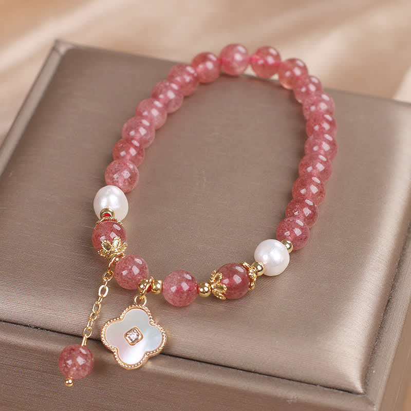 Nimara Ritual Strawberry Quartz Pearl Shell Four-Leaf Clover Love Round Bead Bracelet