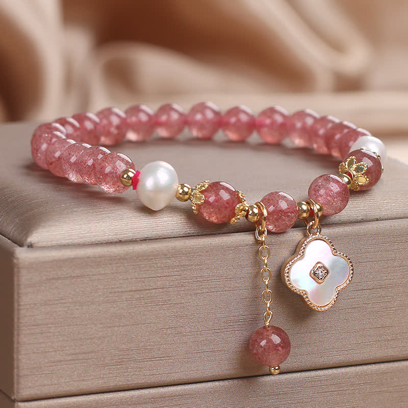 Nimara Ritual Strawberry Quartz Pearl Shell Four-Leaf Clover Love Round Bead Bracelet