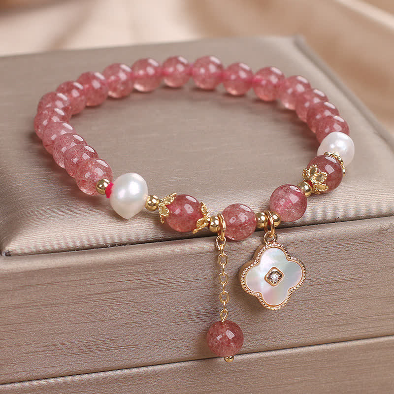 Nimara Ritual Strawberry Quartz Pearl Shell Four-Leaf Clover Love Round Bead Bracelet