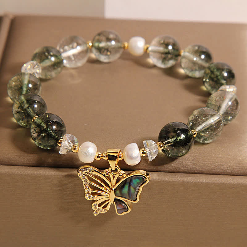 Nimara Ritual Green Phantom Pearl Accent Butterfly Growth Beaded Bracelet