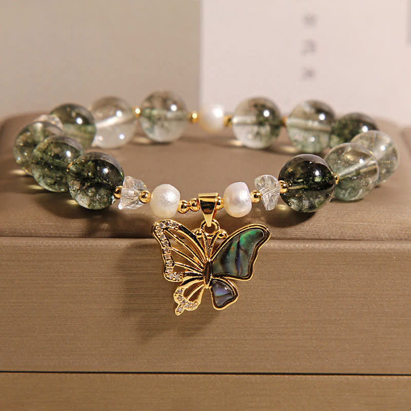 Nimara Ritual Green Phantom Pearl Accent Butterfly Growth Beaded Bracelet