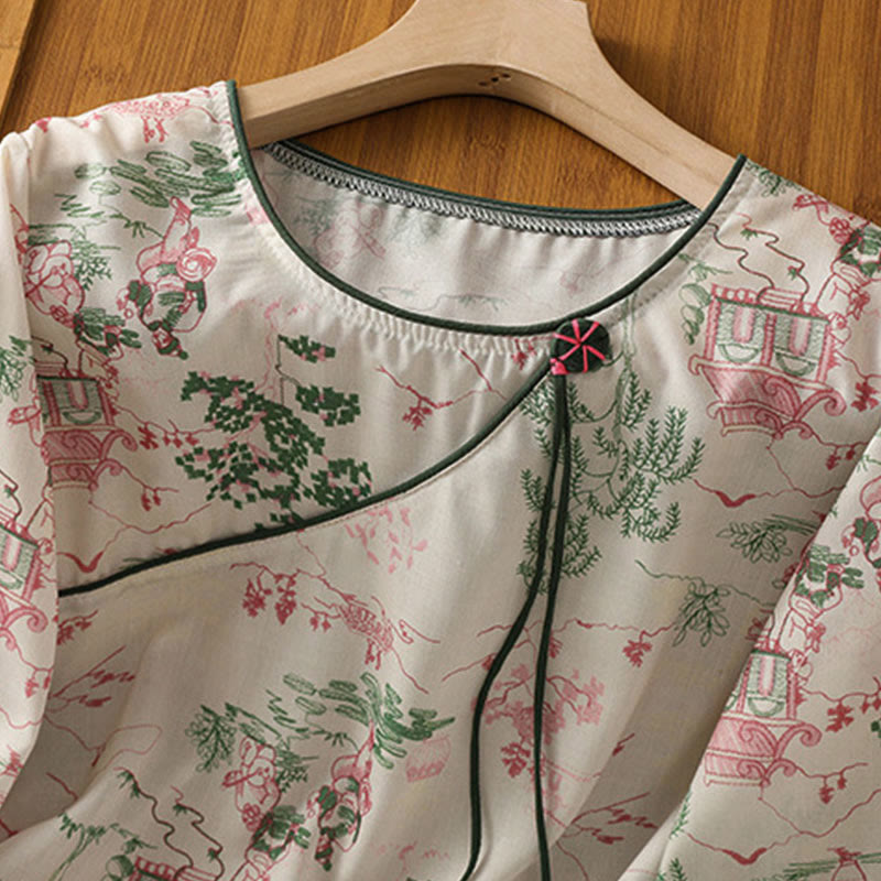 Nimara Ritual Summer Tang Style Frog Button Floral Pavilion Women's Elbow-Length Sleeve Shirts