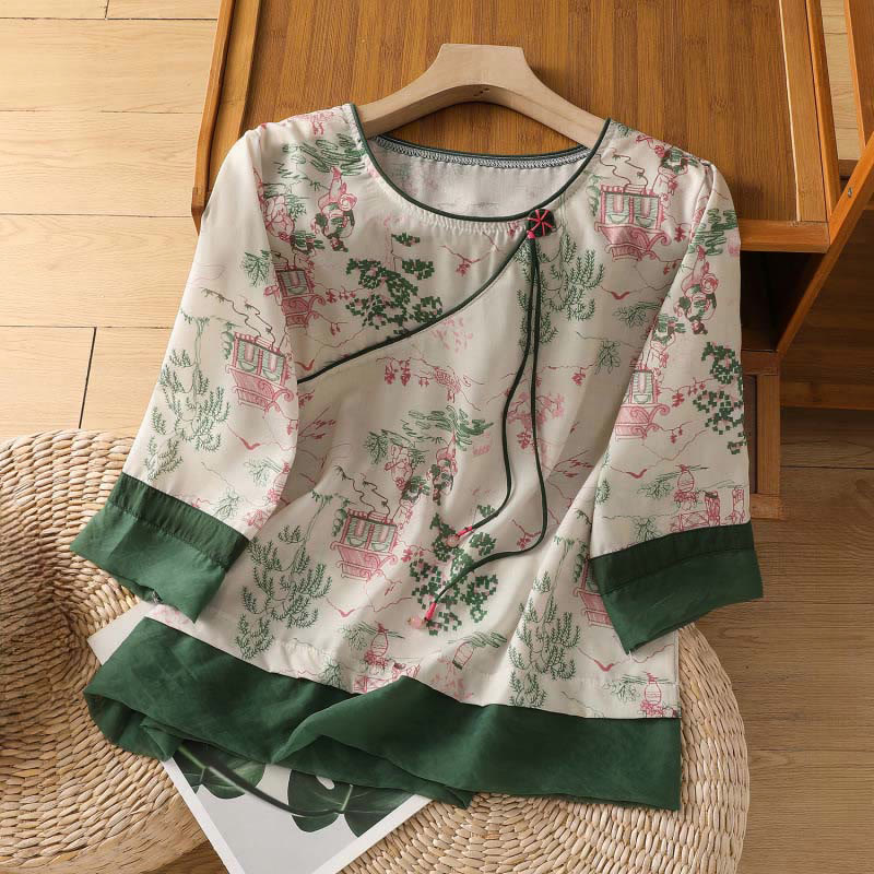 Nimara Ritual Summer Tang Style Frog Button Floral Pavilion Women's Elbow-Length Sleeve Shirts