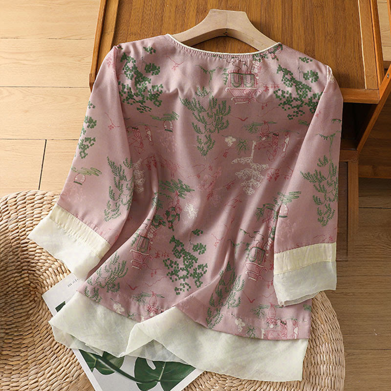 Nimara Ritual Summer Tang Style Frog Button Floral Pavilion Women's Elbow-Length Sleeve Shirts