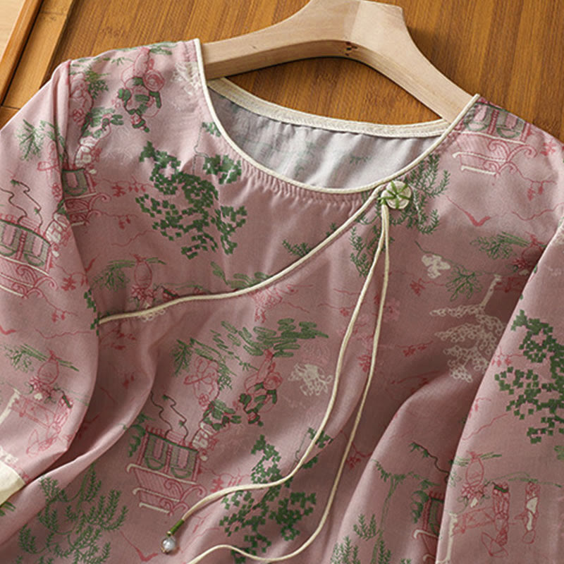 Nimara Ritual Summer Tang Style Frog Button Floral Pavilion Women's Elbow-Length Sleeve Shirts