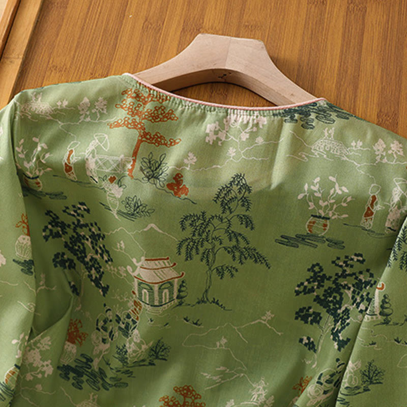 Nimara Ritual Summer Tang Style Frog Button Floral Pavilion Women's Elbow-Length Sleeve Shirts