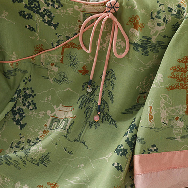 Nimara Ritual Summer Tang Style Frog Button Floral Pavilion Women's Elbow-Length Sleeve Shirts
