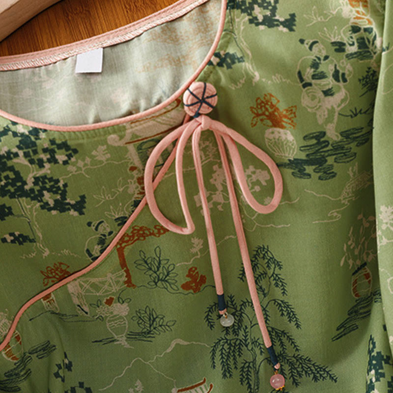 Nimara Ritual Summer Tang Style Frog Button Floral Pavilion Women's Elbow-Length Sleeve Shirts