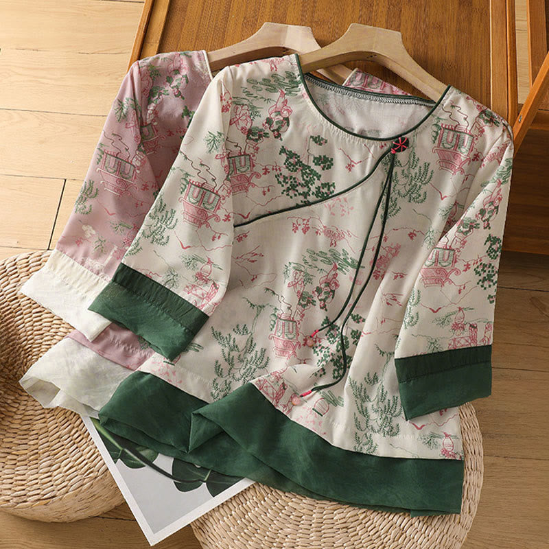 Nimara Ritual Summer Tang Style Frog Button Floral Pavilion Women's Elbow-Length Sleeve Shirts