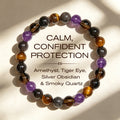 Inner Peace and Healing Natural Amethyst Tiger Eye Black Obsidian Smoky Quartz Bracelet