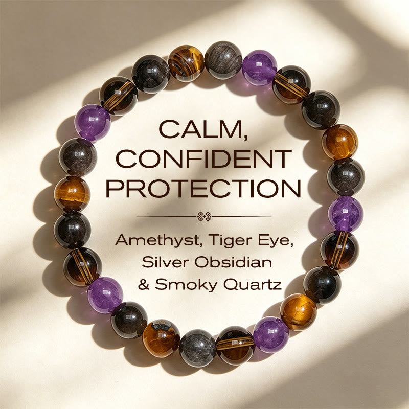 Inner Peace and Healing Natural Amethyst Tiger Eye Black Obsidian Smoky Quartz Bracelet