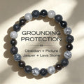 Support and Strength Black Obsidian Lava Rock Picasso Jasper Beads Bracelet