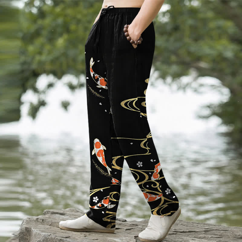 Nimara Ritual Cotton Koi Fish Ripple Pattern Men's Tapered Pants With Pockets