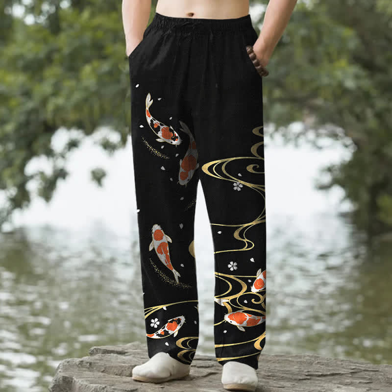 Nimara Ritual Cotton Koi Fish Ripple Pattern Men's Tapered Pants With Pockets
