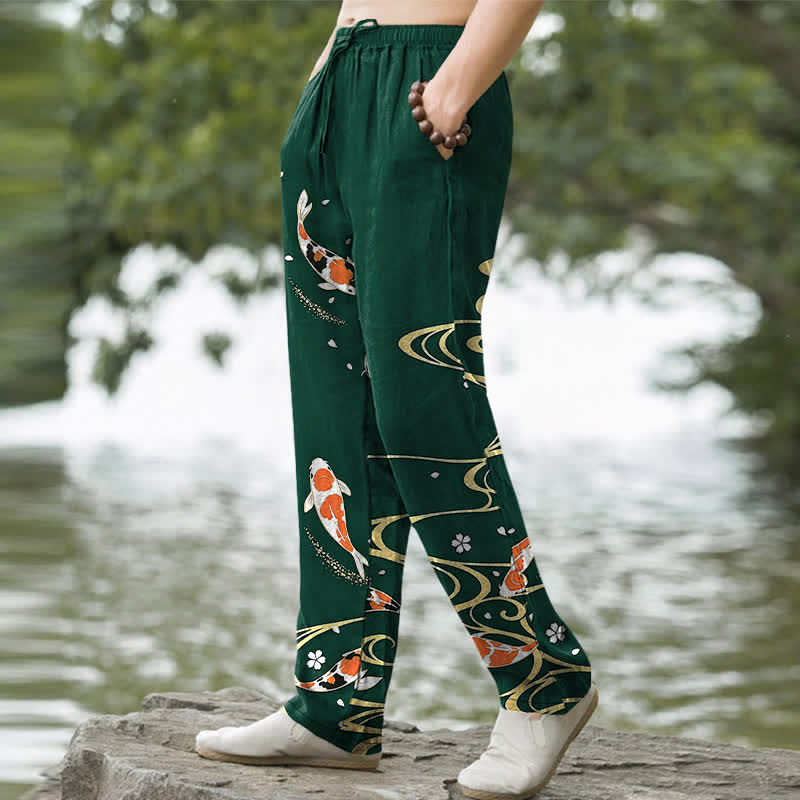 Nimara Ritual Cotton Koi Fish Ripple Pattern Men's Tapered Pants With Pockets