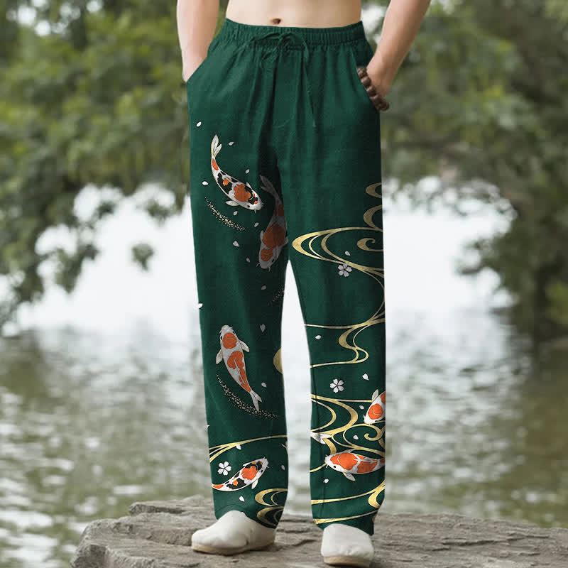 Nimara Ritual Cotton Koi Fish Ripple Pattern Men's Tapered Pants With Pockets