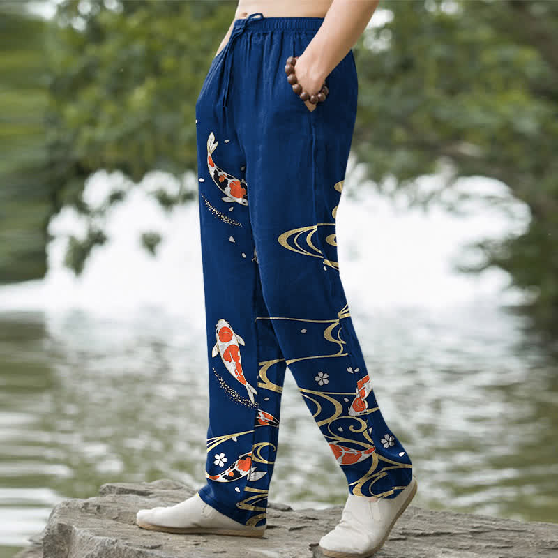 Nimara Ritual Cotton Koi Fish Ripple Pattern Men's Tapered Pants With Pockets
