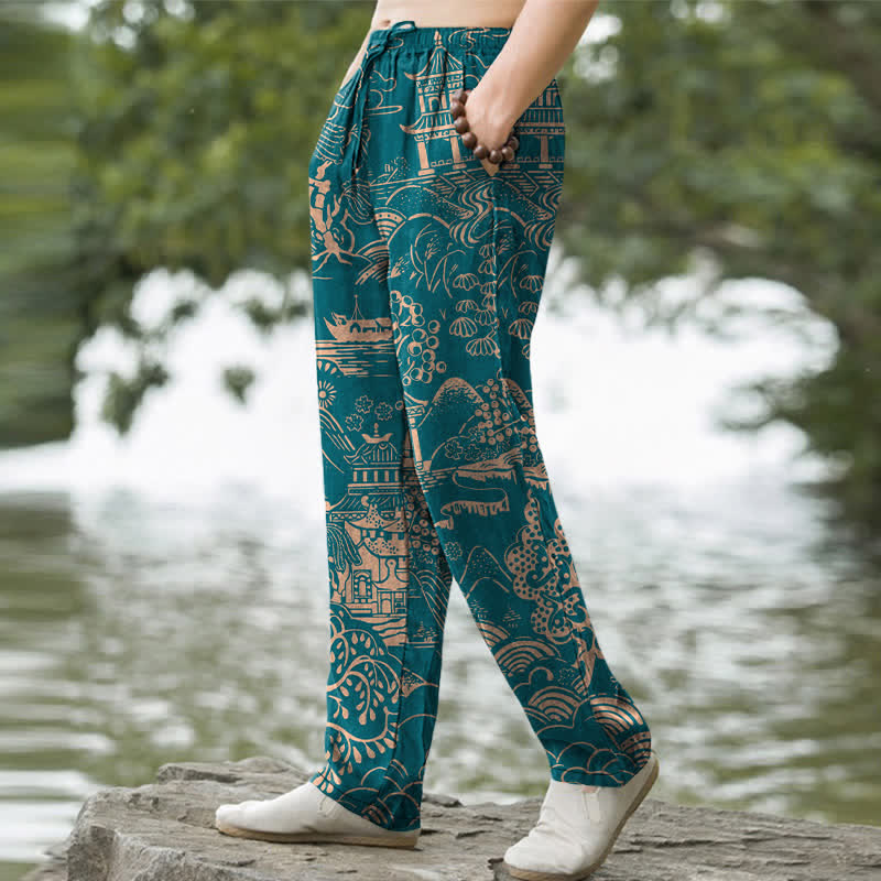 Nimara Ritual Cotton Oriental Landscape Pattern Men's Tapered Pants With Pockets