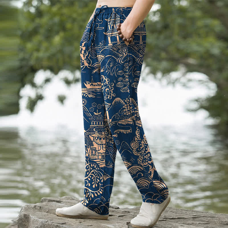 Nimara Ritual Cotton Oriental Landscape Pattern Men's Tapered Pants With Pockets