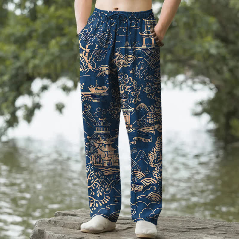 Nimara Ritual Cotton Oriental Landscape Pattern Men's Tapered Pants With Pockets