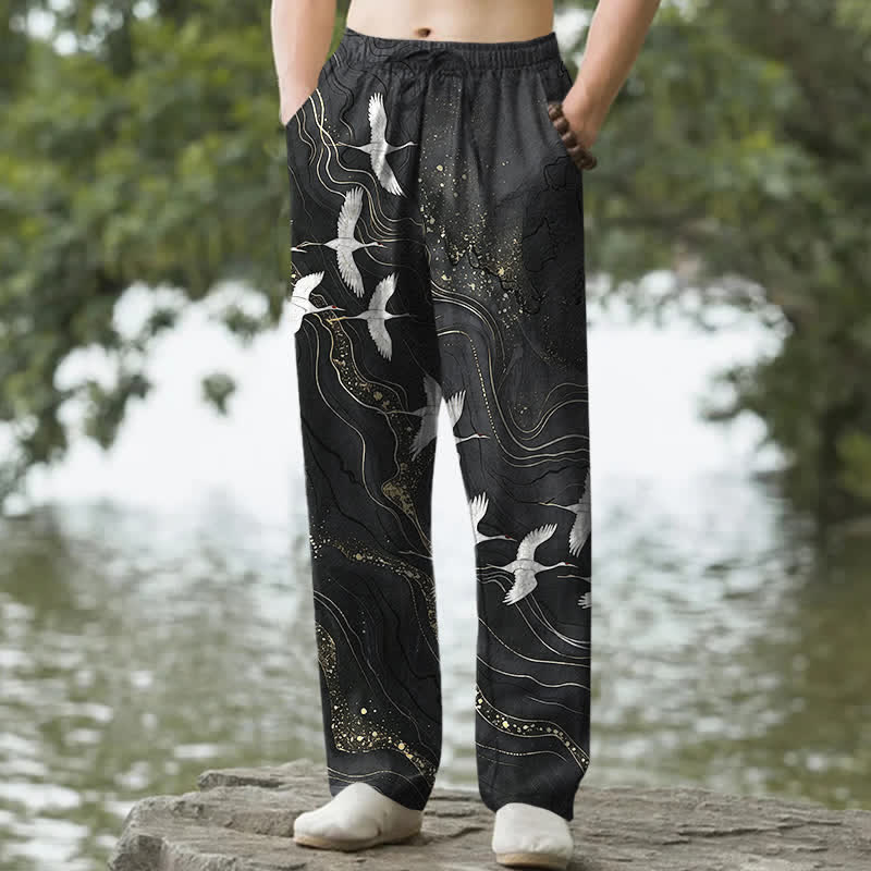 Nimara Ritual Cotton White Crane Wave Pattern Men's Tapered Pants With Pockets