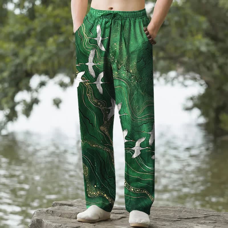 Nimara Ritual Cotton White Crane Wave Pattern Men's Tapered Pants With Pockets