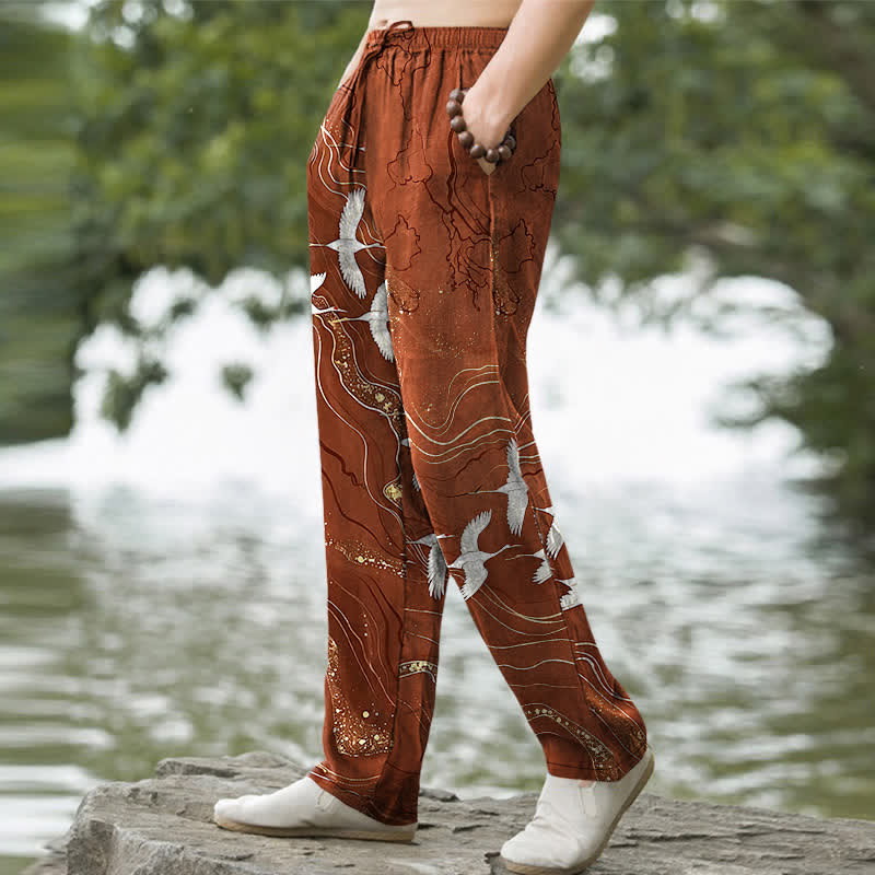 Nimara Ritual Cotton White Crane Wave Pattern Men's Tapered Pants With Pockets