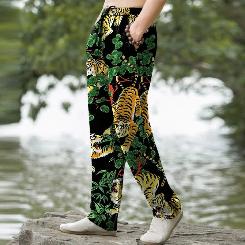 Nimara Ritual Cotton Tiger Jungle Pattern Men's Tapered Pants With Pockets