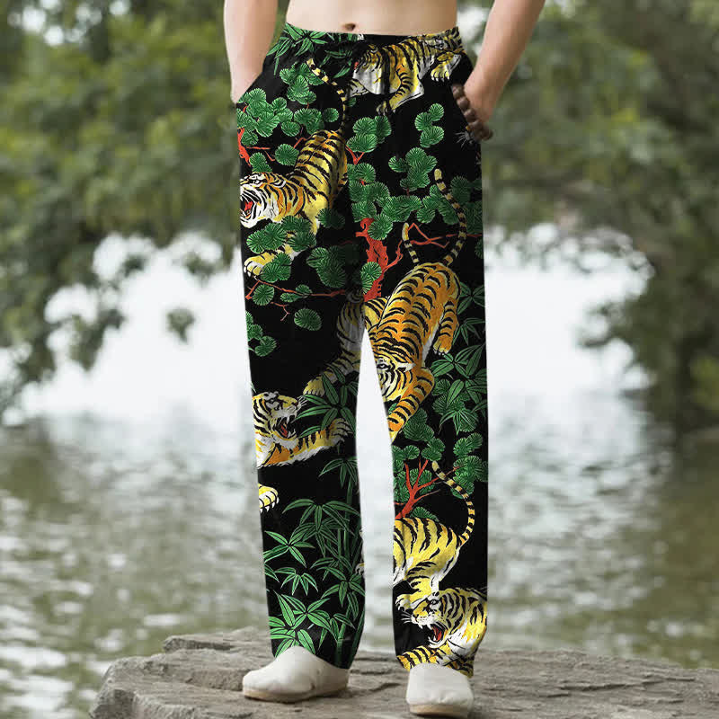 Nimara Ritual Cotton Tiger Jungle Pattern Men's Tapered Pants With Pockets