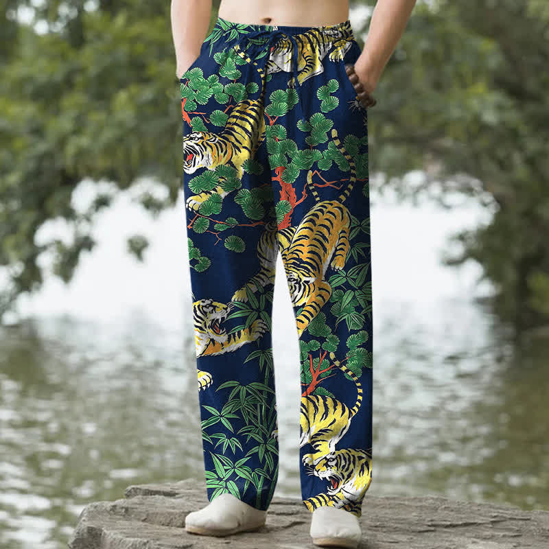 Nimara Ritual Cotton Tiger Jungle Pattern Men's Tapered Pants With Pockets