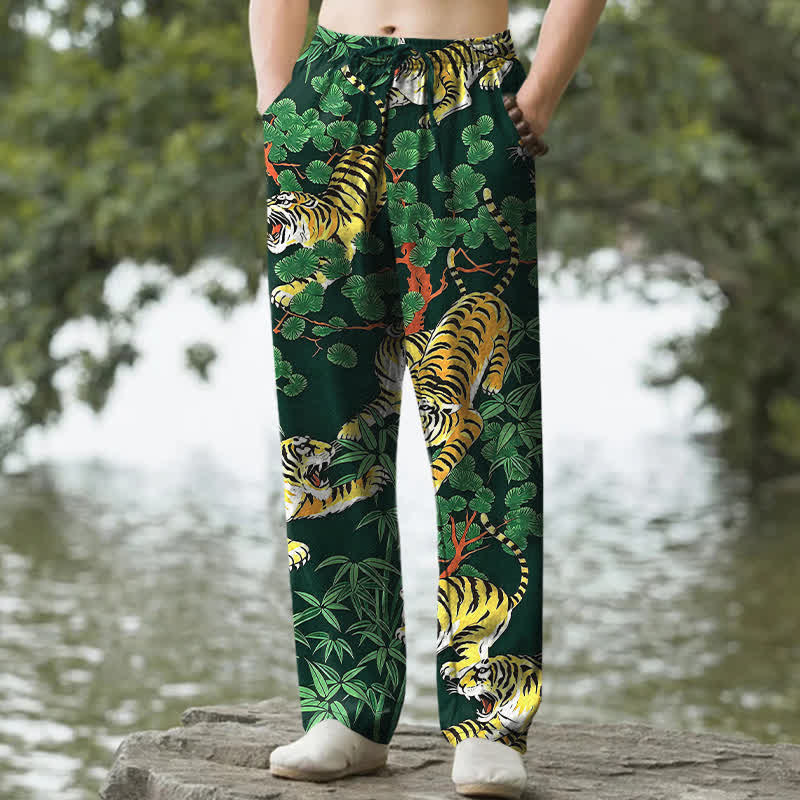 Nimara Ritual Cotton Tiger Jungle Pattern Men's Tapered Pants With Pockets