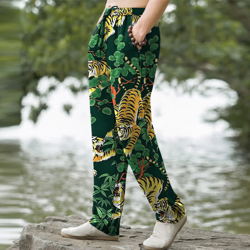 Nimara Ritual Cotton Tiger Jungle Pattern Men's Tapered Pants With Pockets