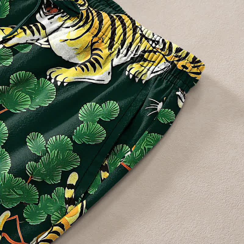 Nimara Ritual Cotton Tiger Jungle Pattern Men's Tapered Pants With Pockets